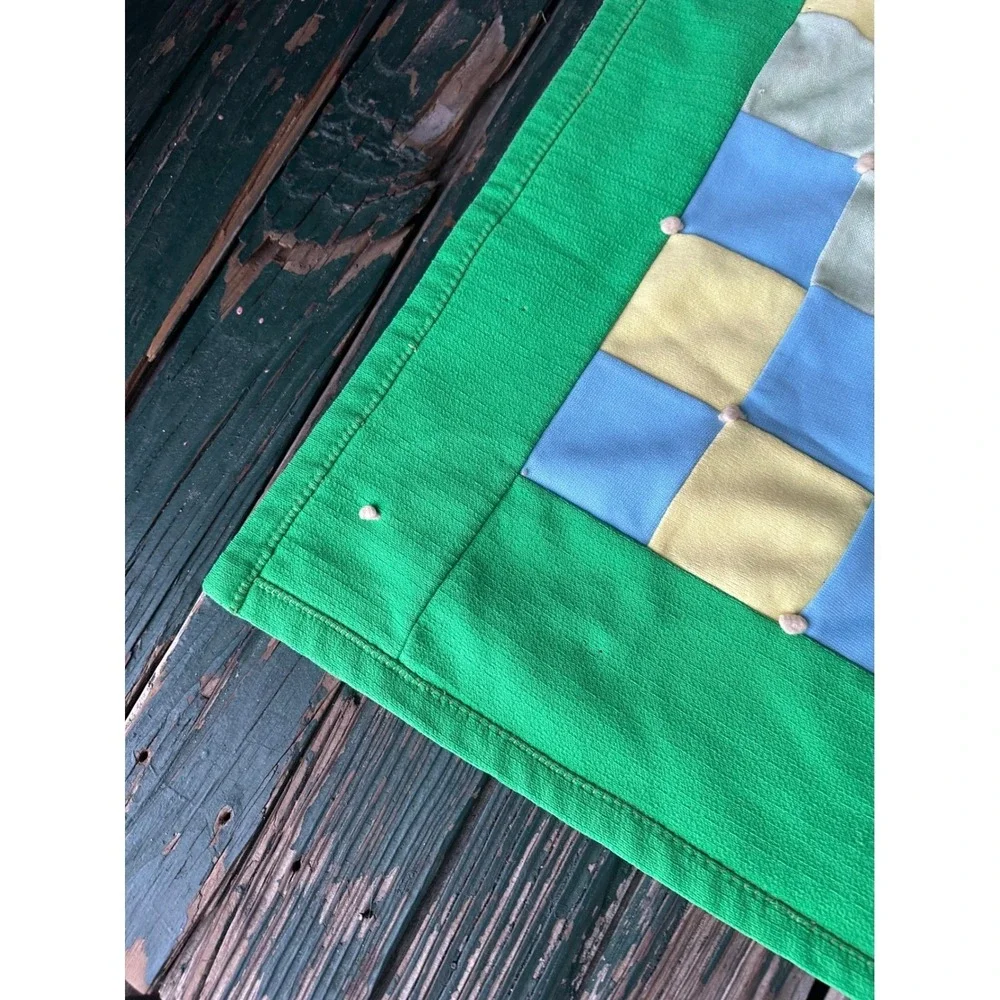 Handmade Patchwork Baby Quilt Green Blue Yellow Square Pattern Lap Blanket 42x42